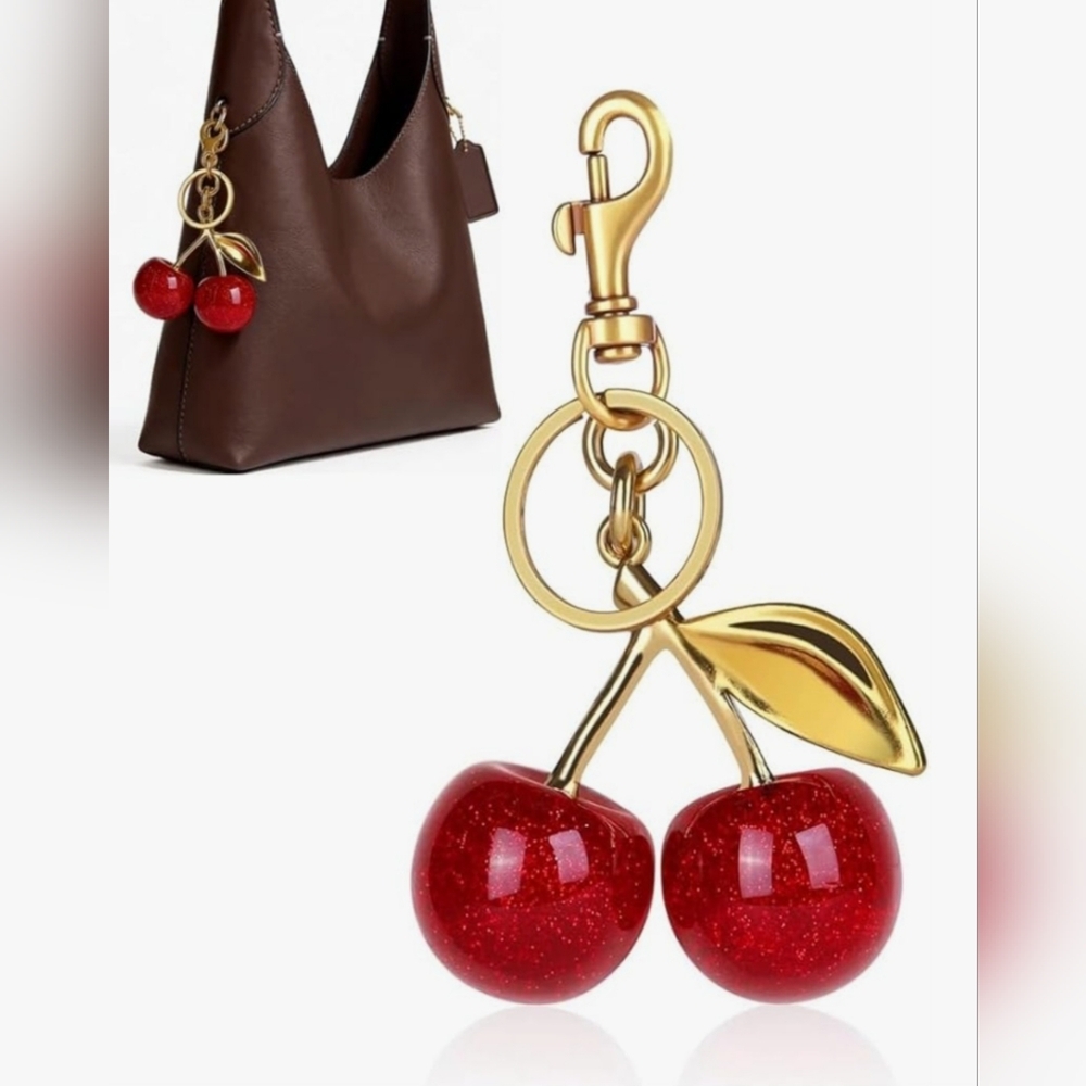 Cherry Keychain Bag Charm - Red And Gold Toned Accessory For Purse Backpack Gift